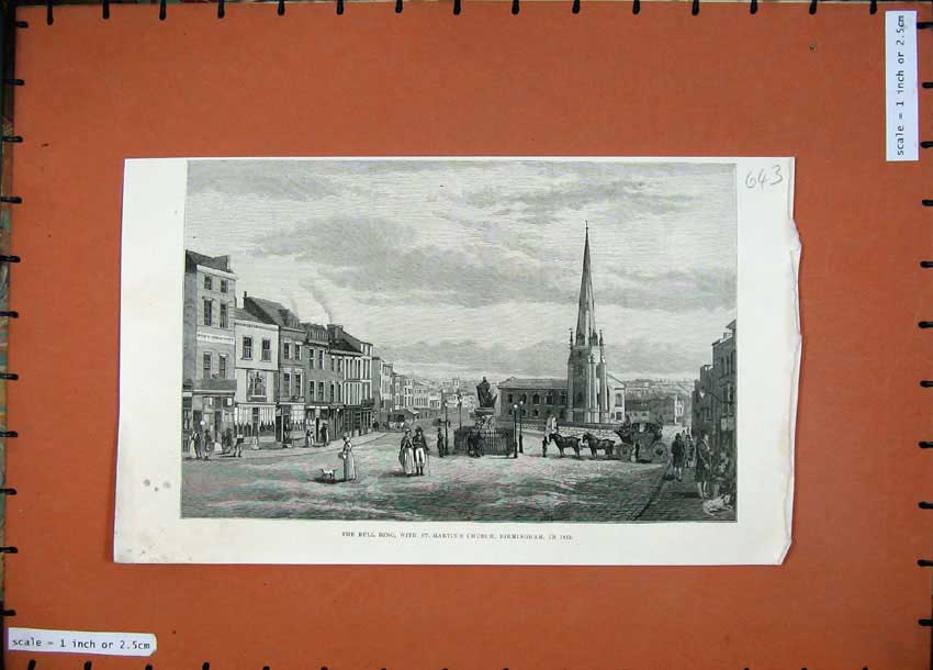 Old Antique Print 1887 Bull Ring St Martin'S Church Birmingham Horse Art 19th