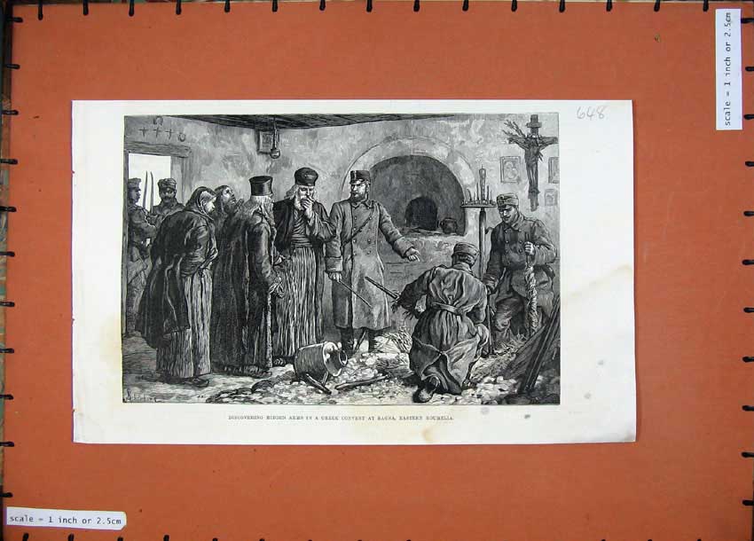 Original Old Antique Print 1887 Discovering Arms Greek Convent Bagna Roumelia