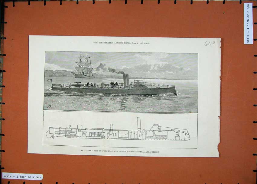 Original Old Antique Print 1887 Falke Torpedo Boat Ship Drawing Plan Layout
