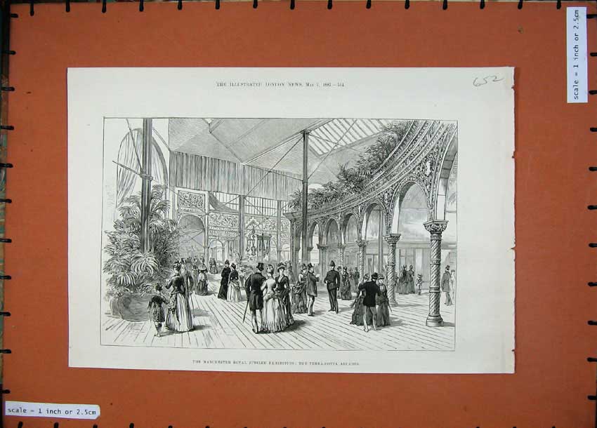 Old Antique Print 1887 Manchester Jubilee Exhibition Terra-Cotta Arcades 19th