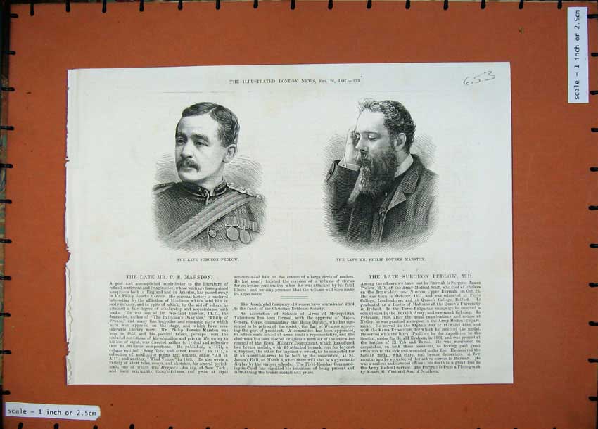 Original Old Antique Print 1887 Surgeon Pedlow Philip Bourke Marston Poet Men