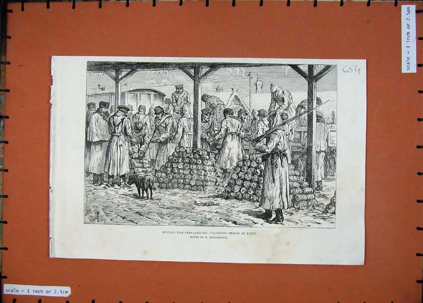 Old Antique Print 1887 Russia War Preparations Unloading Shells Kieff Men 19th