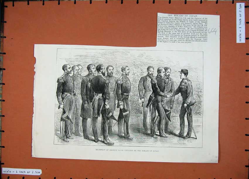 Old Antique Print 1887 Reception British Naval Officers Mikado Japan Men 19th