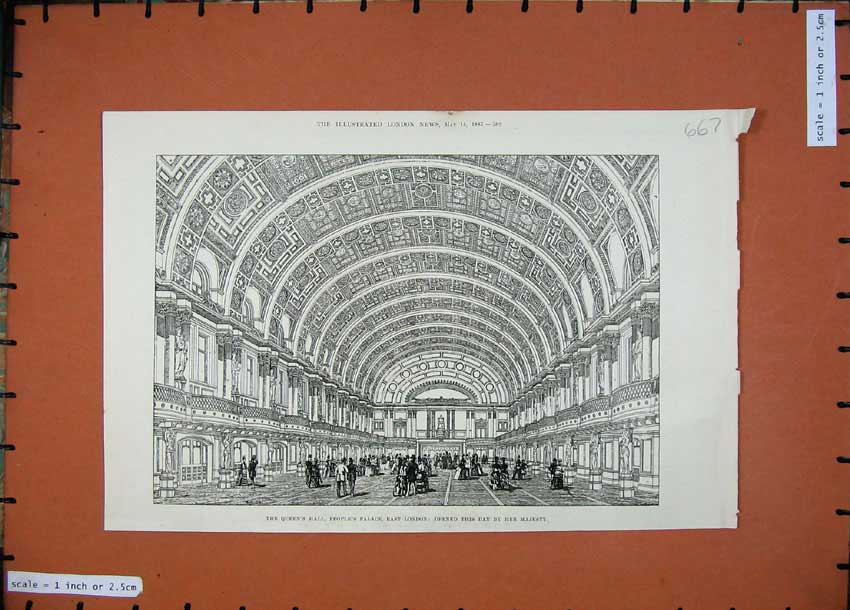 Original Old Antique Print 1887 Queen'S Hall People'S Palace London Interior