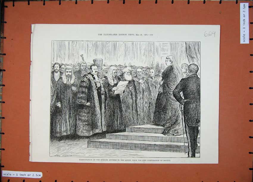 Old Antique Print 1887 Presentation Jubilee Address Queen London Ludlow 19th