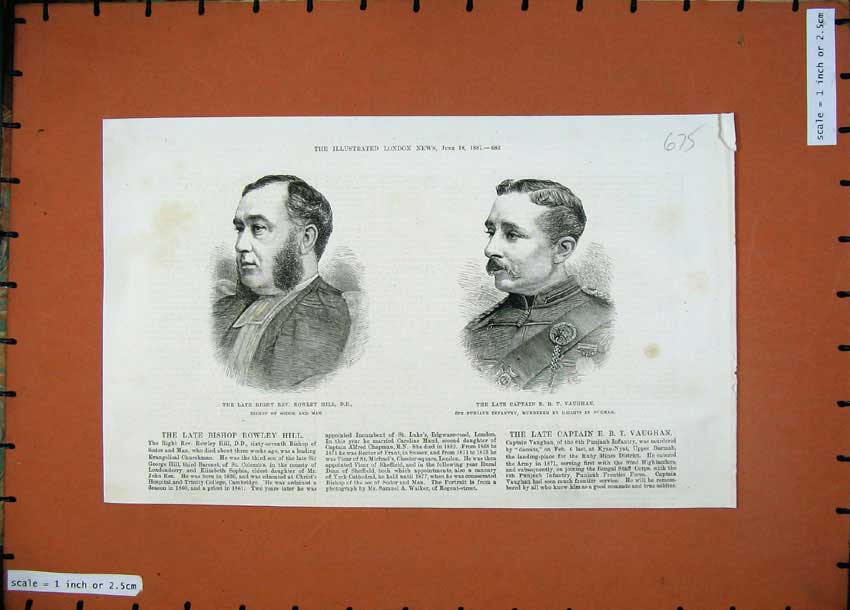 Old Antique Print 1887 Rev. Rowley Hill Bishop Sodor Captain Vaughan Men 19th
