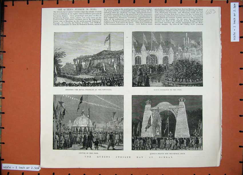 Old Antique Print 1887 Queen'S Jubilee Bombay Statue Triumphal Arch Fair 19th