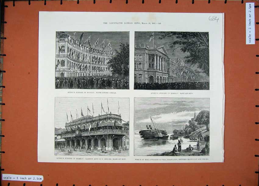 Original Old Antique Print 1887 Queen'S Jubilee Bombay Elphinstone Castle Ship