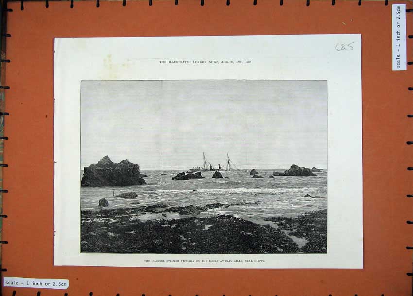 Old Antique Print 1887 Channel Steamer Victoria Rocks Cape Ailly Dieppe 19th