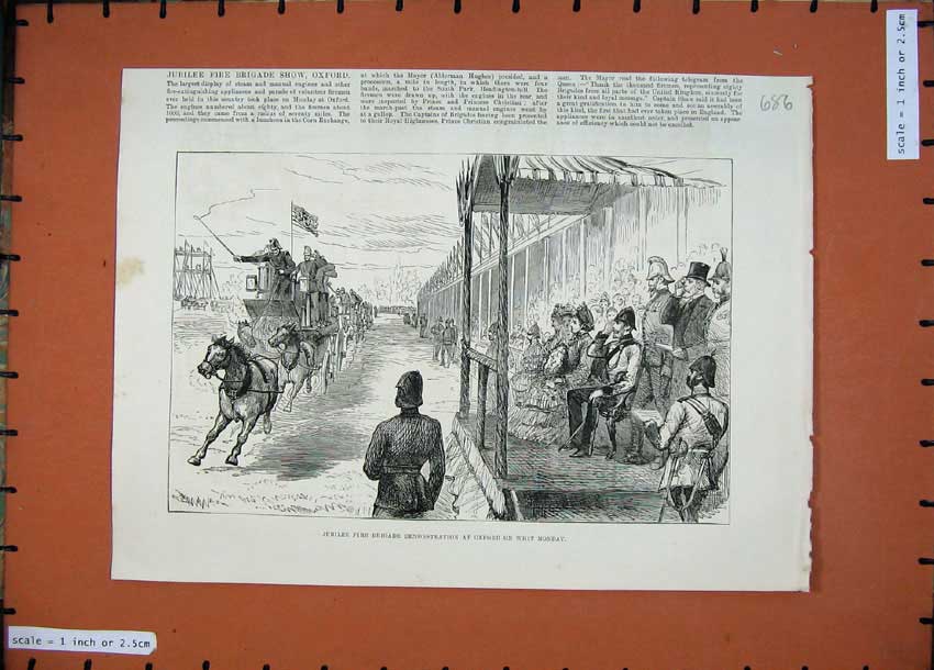Old Antique Print 1887 Jubilee Fire-Brigade Oxford Demonstration Horses 19th
