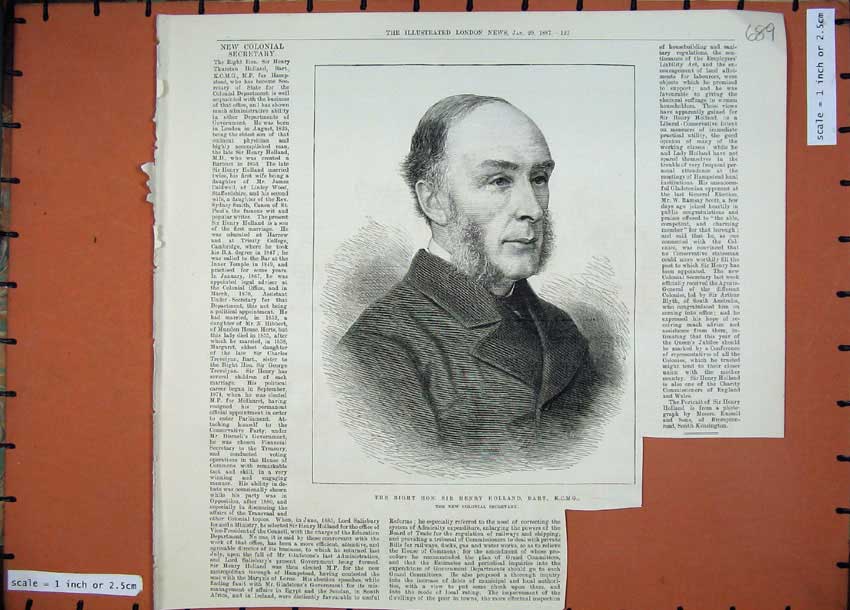 Old Antique Print 1887 Sir Henry Holland Bart Colonial Secretary Portrait 19th