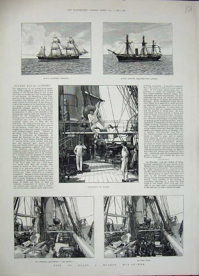 Old Antique Print 1887 War Ship Calypso Active Navy Men Athletics Sport 19th