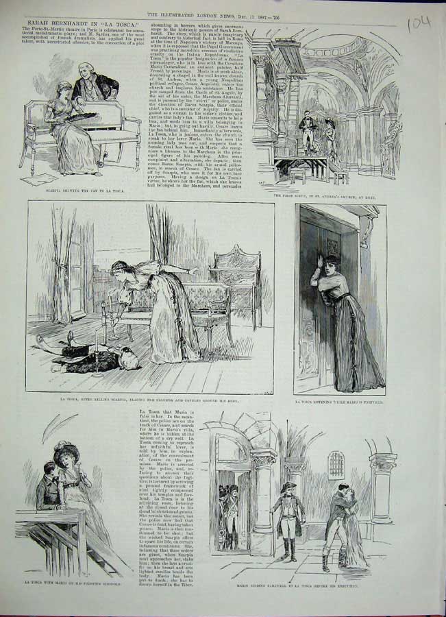 Original Old Antique Print 1887 Theatre Sarah Bernhardt Andreas Church Tosca