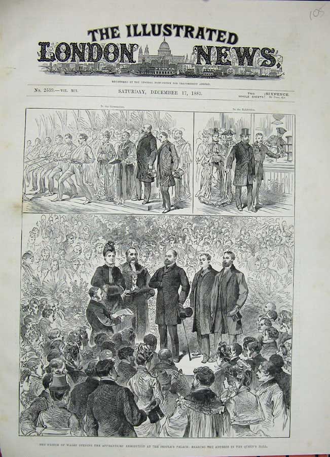 Old Antique Print 1887 Prince Wales Apprentices Exhibition Peoples Palace 19th