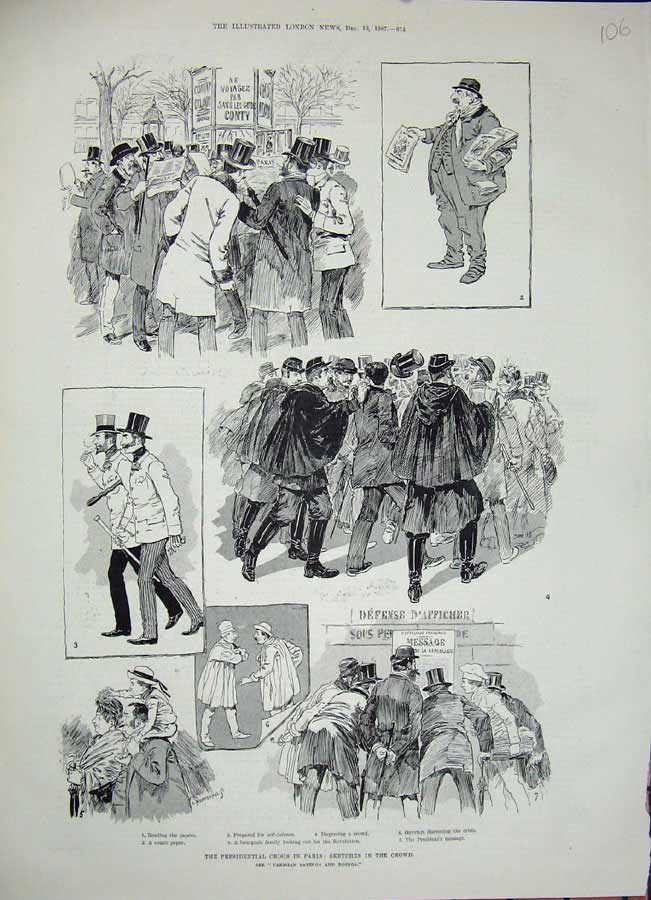 Original Old Antique Print 1887 Presidential Crisis Paris France Sketches 19th