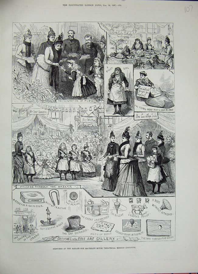 Old Antique Print 1887 Bazaar Macready House Theatrical Mission Institute 19th
