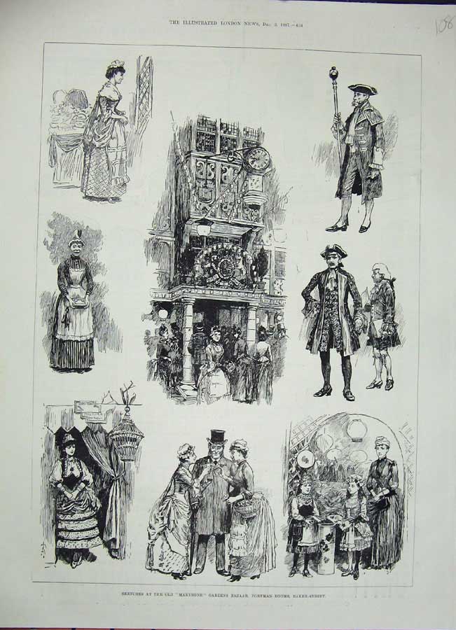 Old Antique Print 1887 Marybone Gardens Bazaar Portman Rooms Baker Street 19th