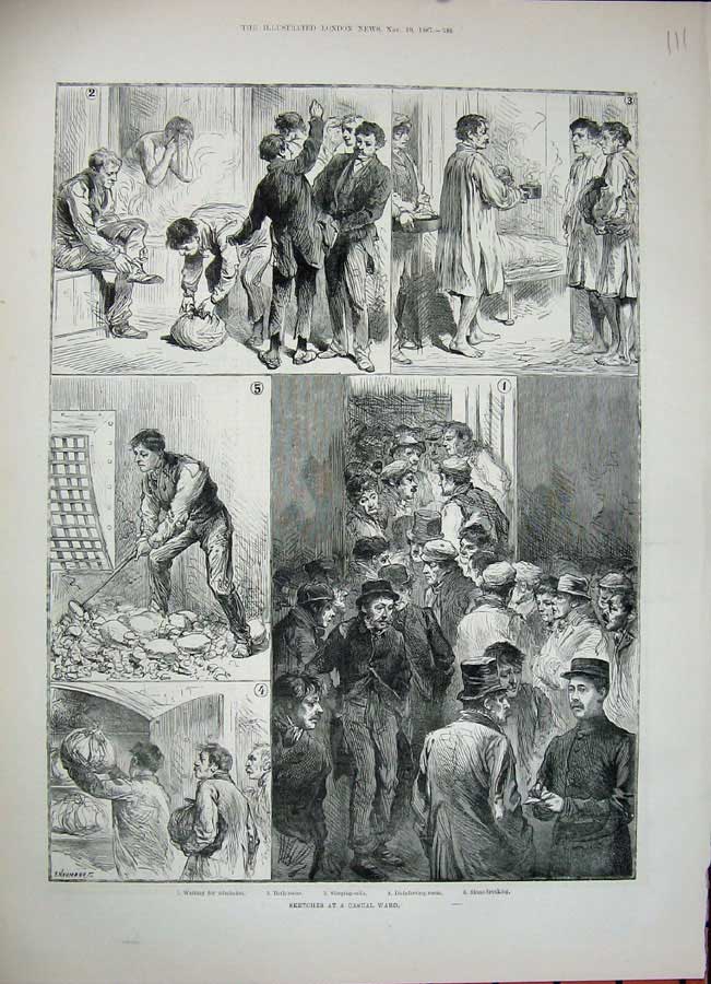 Old Antique Print 1887 Sketches Casual Ward Sleeping Cells Stone-Breaking 19th