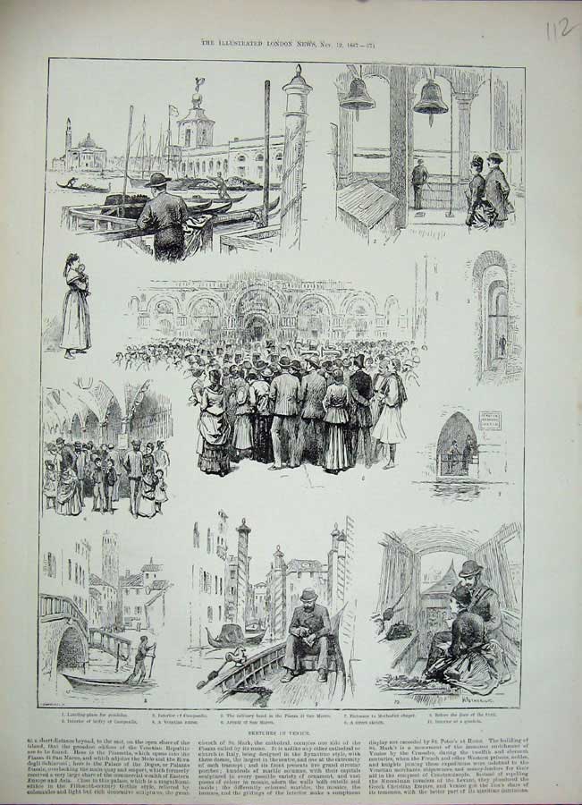 Original Old Antique Print Gondolas Piazza San Marco 1887 Venice Nurse Chapel