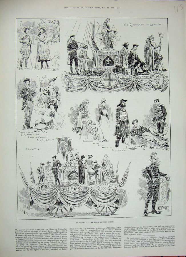 Original Old Antique Print 1887 Lord Mayor Show Commerce London Charity People