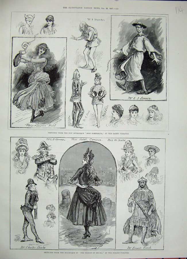 Original Old Antique Print 1887 Sultan Mocha Strand Theatre Burlesque Esmeralda