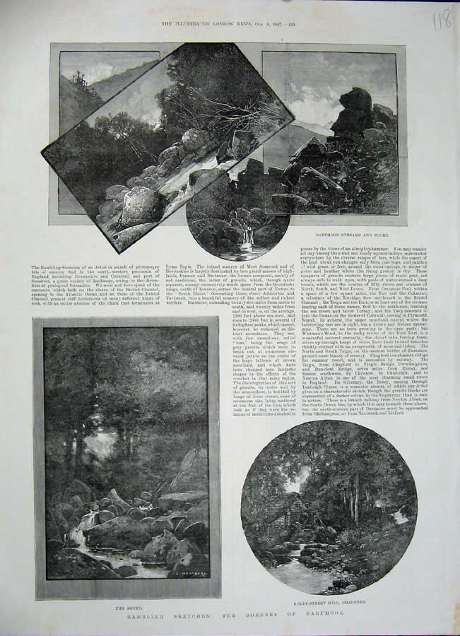 Original Old Antique Print 1887 Dartmoor Stream Rocks Bovey Holly Mill Chagford