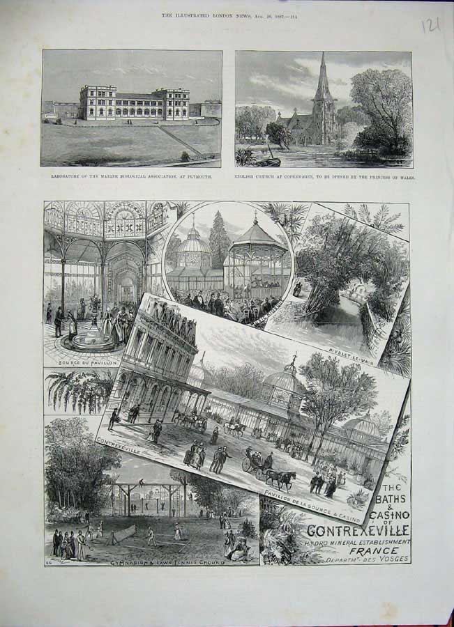 Old Antique Print 1887 Laboratory Plymouth Church Denmark Casino France 19th