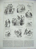 Original Old Antique Print 1887 Amateur Log Theatre Ship People 19th