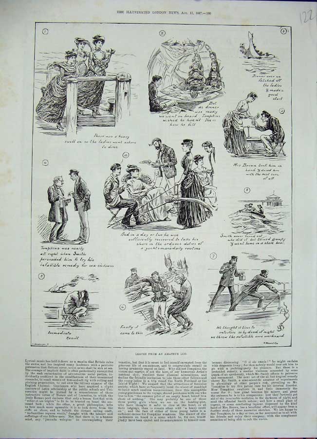 Original Old Antique Print 1887 Amateur Log Theatre Ship People 19th