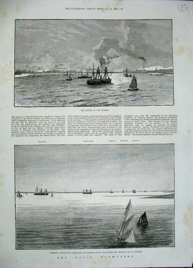 Original Old Antique Print 1887 Ships River Liverpool Admiral Fremantle Hewett