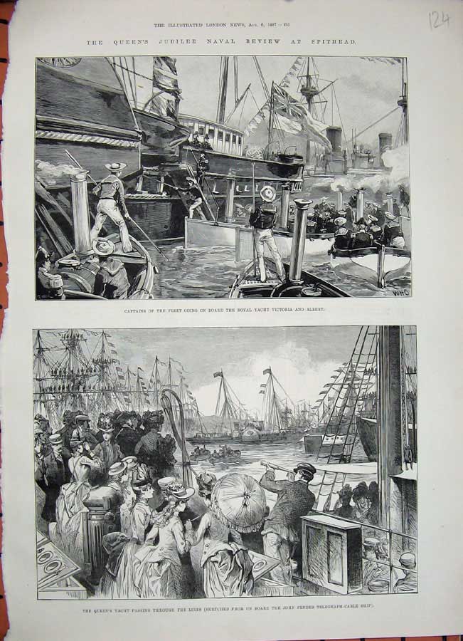 Original Old Antique Print 1887 Queen'S Jubilee Spithead Ships Victoria Albert