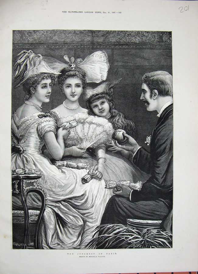 Original Old Antique Print 1887 Fine Art Marcella Walker Family Christmas Man
