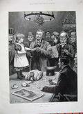 Original Old Antique Print 1887 Raffling Christmas Goose Men Dinner Little Girl