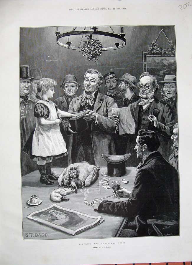 Original Old Antique Print 1887 Raffling Christmas Goose Men Dinner Little Girl