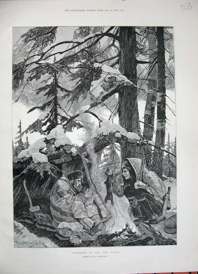 Old Antique Print 1887 Woodville Fine Art Indians Camp Snow Trees Hunting 19th