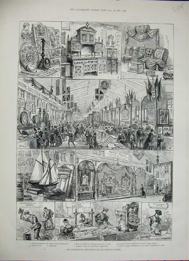 Old Antique Print 1887 Apprentices Exhibition Peoples Palace School Work 19th