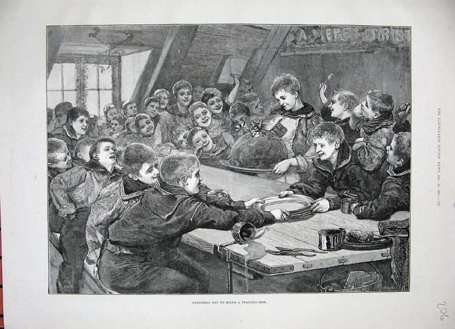 Original Old Antique Print 1887 Christmas Day Training Ship Boys Sailors 19th