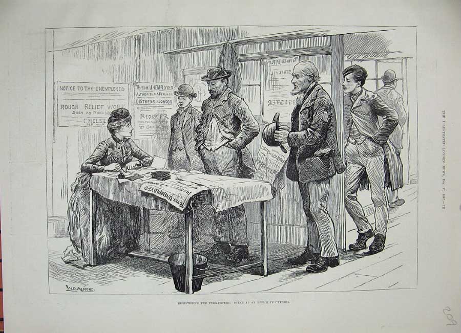 Original Old Antique Print 1887 Unemployed People Office Chelsea Registration
