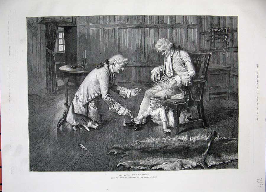 Original Old Antique Print 1887 Lorimer Fine Art Little Girl Man Chair Table
