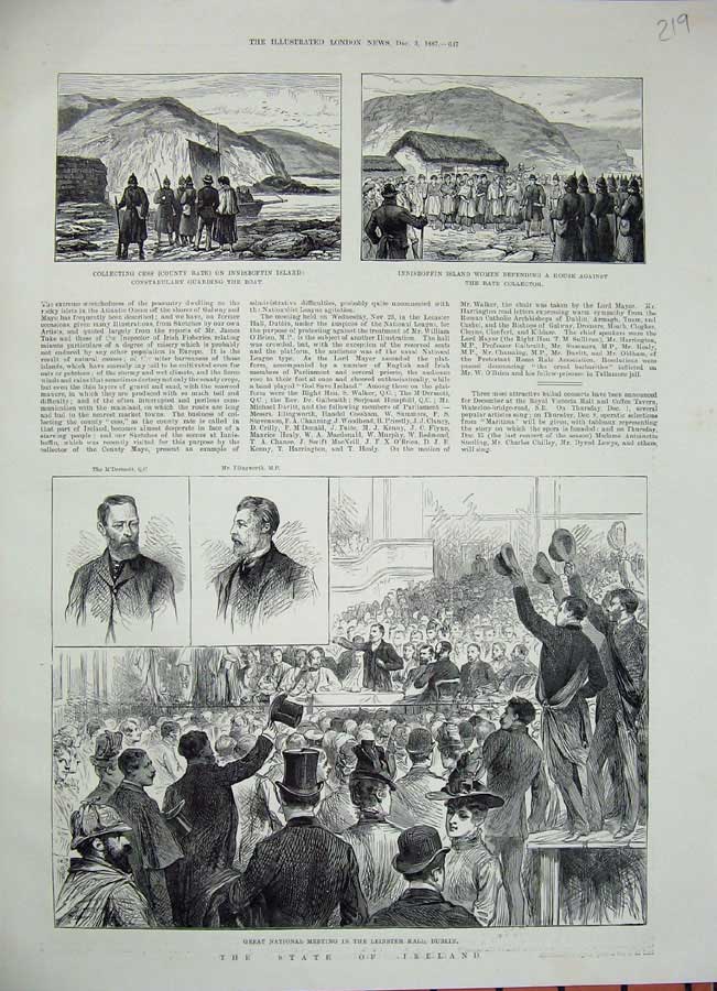 Old Antique Print 1887 Ireland Meeting Leinster Dublin Innisboffin Island 19th