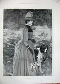 Original Old Antique Print 1887 Woodland Walk Lady St Bernard Dog Country Art