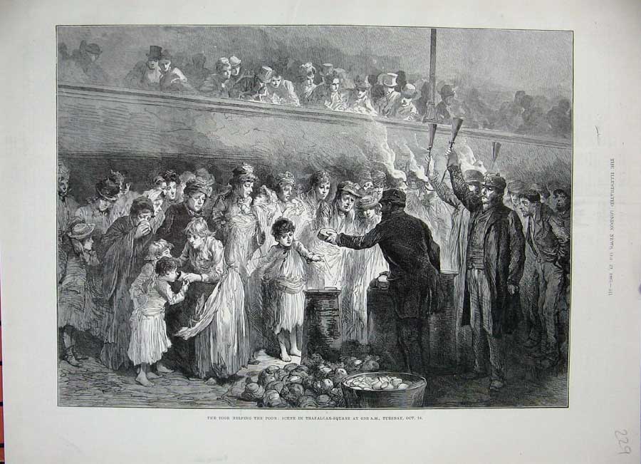 Original Old Antique Print 1887 Poor Trafalgar Square London People Food 19th
