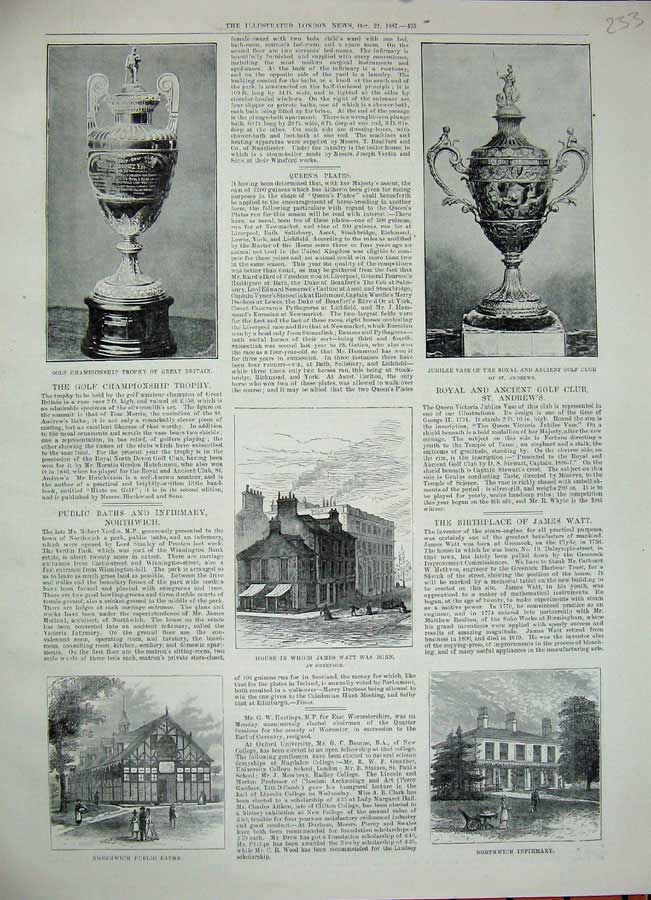 Old Antique Print 1887 Northwich Public Baths Infirmary Watt Golf Sport 19th