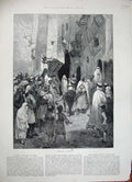 Original Old Antique Print 1887 Tame Lion Algiers Mussulman Streets People Art