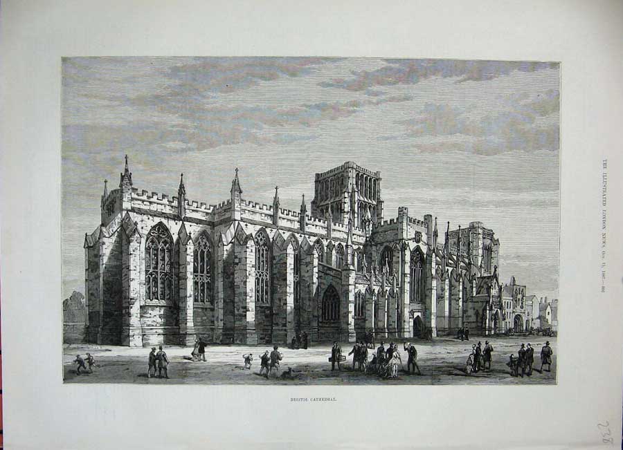Old Antique Print 1887 Exterior View Bristol Cathedral Architecture Art 19th
