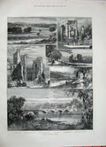 Antique Old Print *0248 1887 Kelso Fleurs Castle Abbey Teviot Bridge Roxburgh