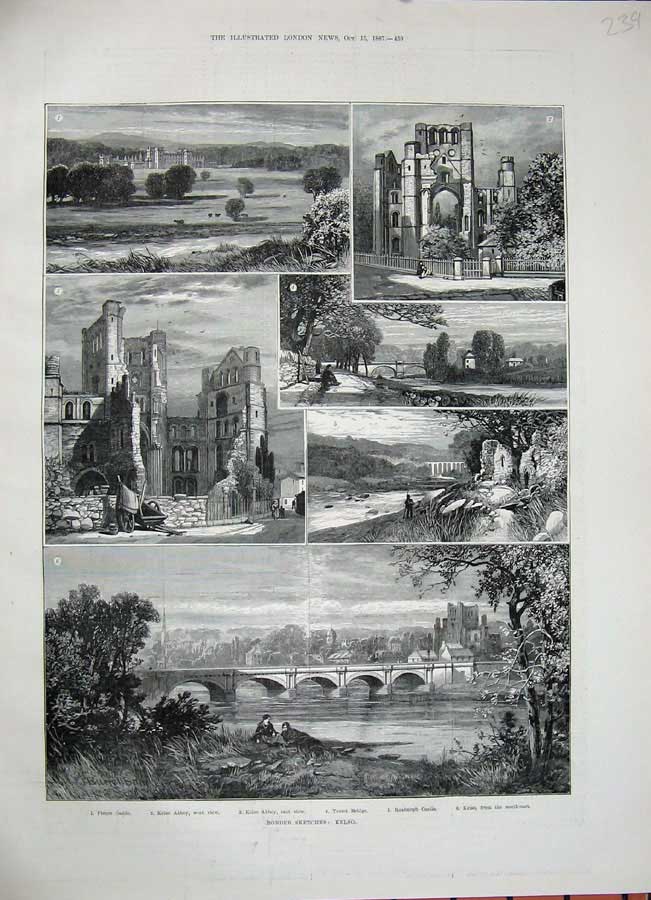 Antique Old Print *0248 1887 Kelso Fleurs Castle Abbey Teviot Bridge Roxburgh