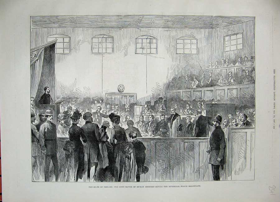 Old Antique Print 1887 Ireland Lord Mayor Dublin Police Magistrate Court 19th