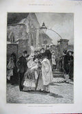 Original Old Antique Print 1887 Christening Sunday Baby Family Church Service