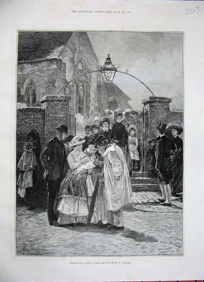 Original Old Antique Print 1887 Christening Sunday Baby Family Church Service